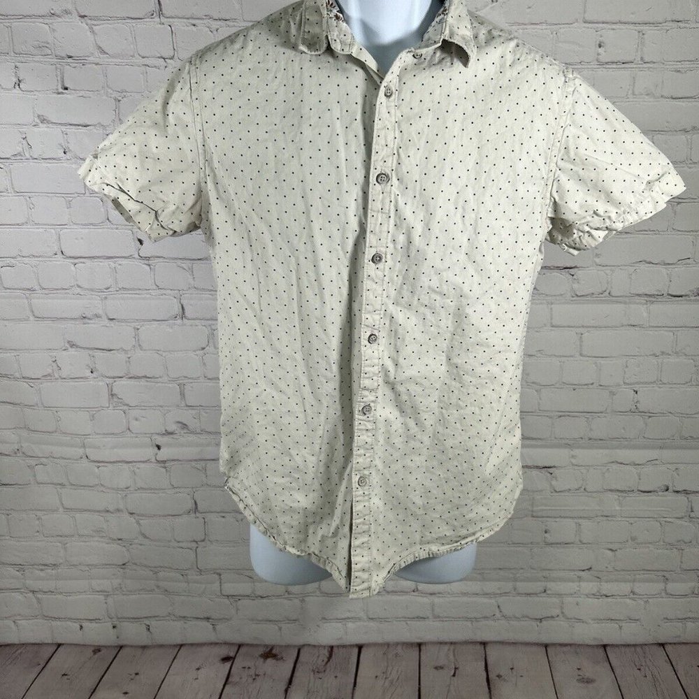 Denim & Flower Ricky Singh Short Sleeve Cream Blue Polka Dot Button Up Shirt S
